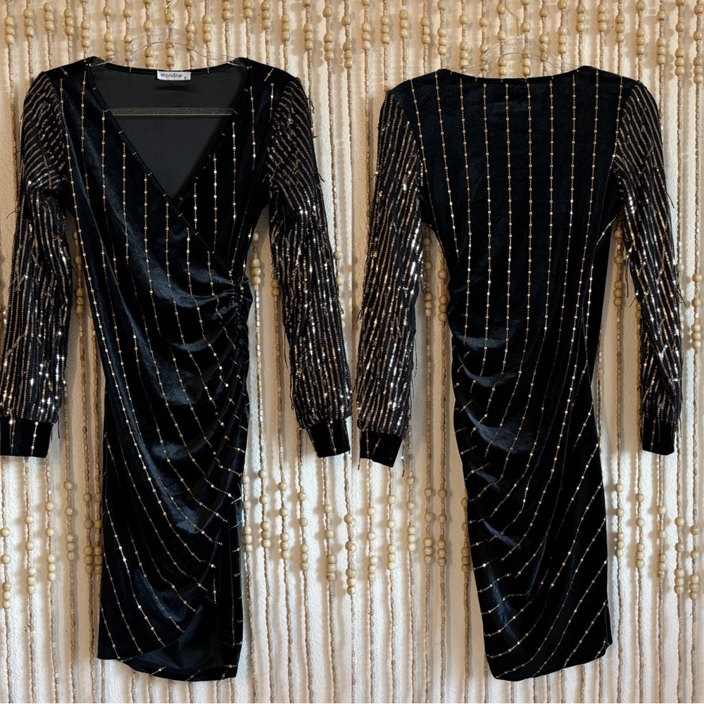 Rodeo Fringe Black Gold Velvet Embellished Fringe Western Glam Sexy V Neck Dress